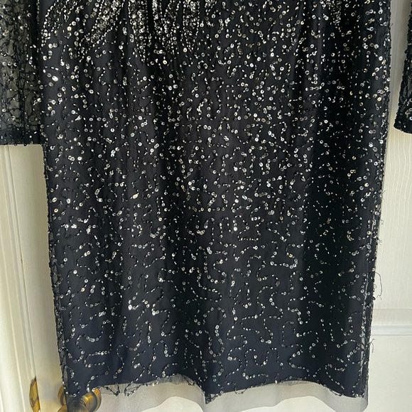 Adrianna Papell Long Sleeve Sequined Beaded Mesh Dress-Midnight Short - Picture 6 of 10